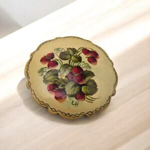 Painted Red Berry Flowers Floral Round Brooch Pin - Cottagecore Artisan Style